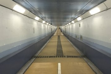 A pedestrian tunnel connects Shimonoseki and Moji from under the Kanmon Strait