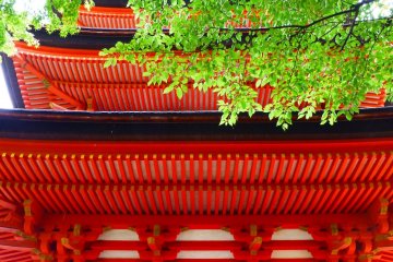 Warna merah terang pada pagoda membuat pepohonan di sekitarnya menjadi tampak lebih hijau