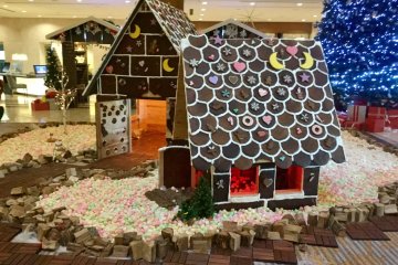 Life size gingerbread house surrounded by a marshmallow pebble, all technically edible. The gingerbread smells deliciously sweet and spicey.