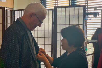 Being fitted for Samurai Outfit