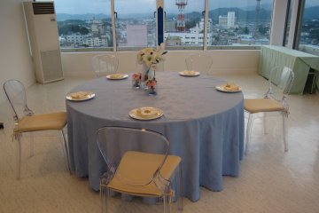 I love the sky blue table cloth, it compliments well with the view from the chapel
