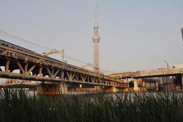 The train tracks cross the river in parallel to the Azumabashi Brudge.
