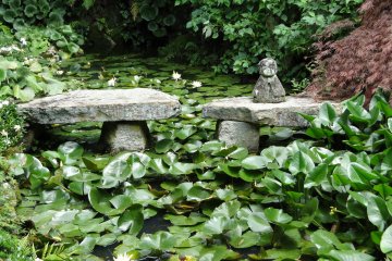 Une statue domine les lotus