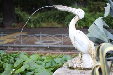 The distinctive heron water fountain.