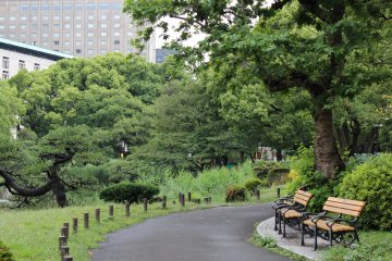 Plenty of park benches and strolling space in Hibiya Park.