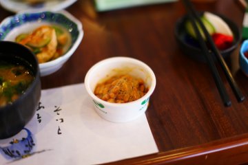 Natto—the texture looks a little foamy after a vigorous stir with egg. . .