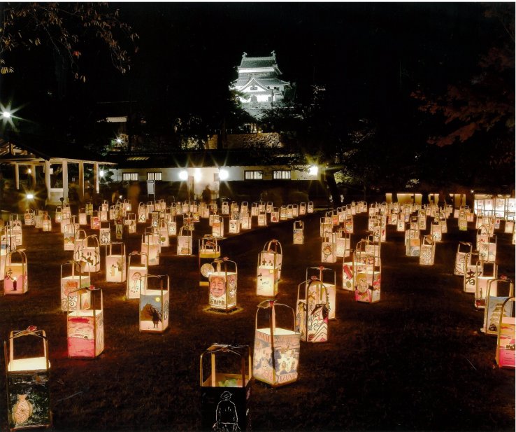 Hundreds of hand-made paper lanterns are laid in and around the castle grounds for Matsue Suitoro