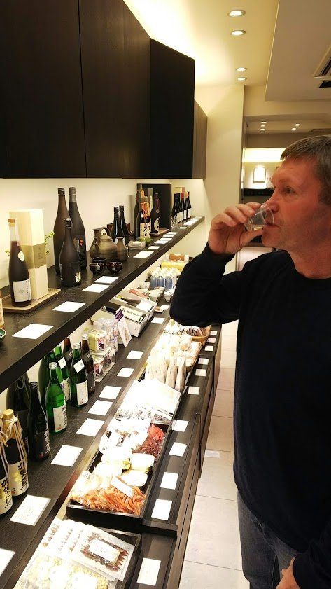 Sampling the various varieties of Sake at the Fukumitsuya Brewery.