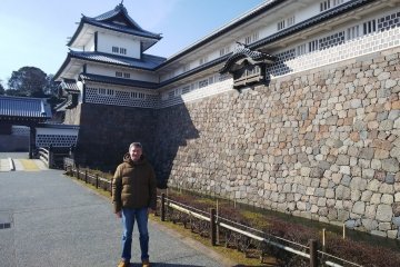 The stone walled reconstructed buildings at Kanazawa castle park.