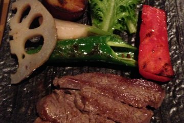 Waygu Beef Fillets with Japanese Vegetables like renkon lotus root at Mimasuya Restaurant at Pontocho by the Kamogawa