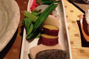 Variety of raw Japanese vegetables served with a miso dipping sauce fondue style