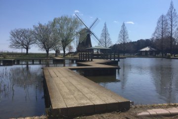The windmill juxtaposed with a lightning bridge, a Japanese garden element