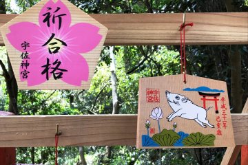 A cherry blossom shaped prayer board, in the year of the Boar