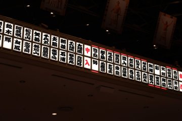 Panel showing the line-up, divisions, and bout winners (from right to left)