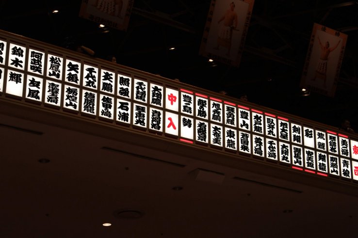 Panel showing the line-up, divisions, and bout winners (from right to left)