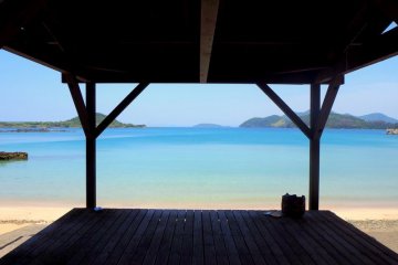 The local beach has a shaded space, showers and restrooms