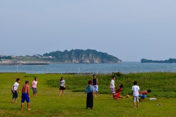 They are enjoying volleyball on the lawn