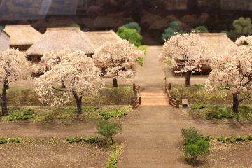 Nice model of a village with blooming sakura