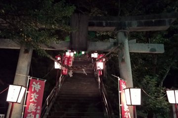 The torii of Hanamaki shrine during the festival is illuminated