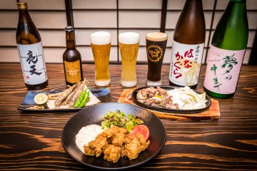 Chicken nanban and other local specialties  with drinks from the Mitsukura
