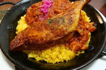 The Mexican-style chicken served over saffron koshihikari rice at Family Dining Kodamaya, across from Urasa Station