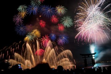 A perfect shot of the torii against the fireworks