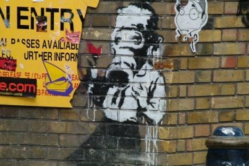 Banksy art in Brick Lane, East End, 2004.