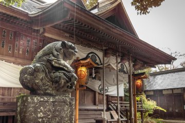 One of two Koma-inu (Guardian dogs), which look down intently at every visitor