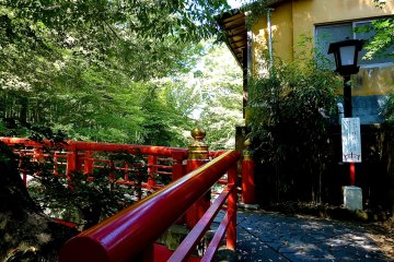 Red bridge leading toward the bamboo path