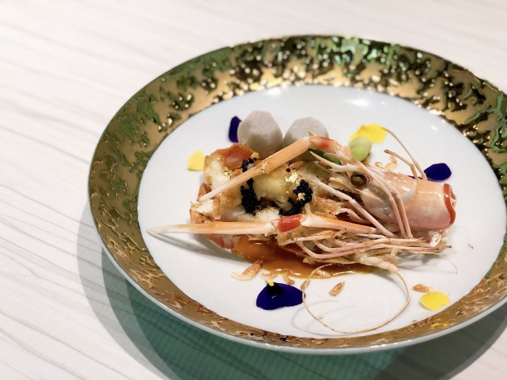 Akaza Shrimp with Sakura Shrimp Sauce and Sansai Vegetables