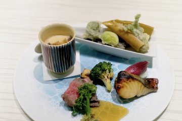 Grilled Dish: Crab Chawanmushi, Bamboo Shoots Tempura, Black Cod Grilled with Saikyo Miso, Roast Wagyu Beef, Myoga Sushi