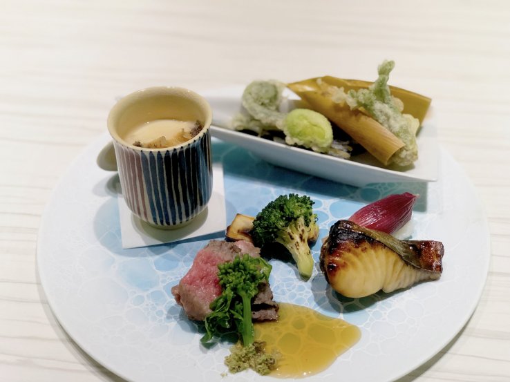 Grilled Dish: Crab Chawanmushi, Bamboo Shoots Tempura, Black Cod Grilled with Saikyo Miso, Roast Wagyu Beef, Myoga Sushi