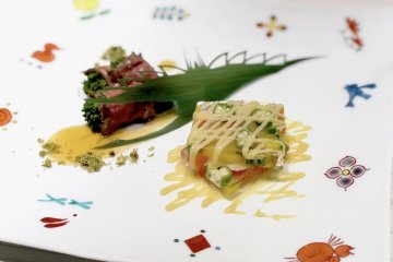 Meat Dish: Roasted Wagyu Beef, Vegetable Terrine with Mustard Sauce, Grilled Vegetables with Onion Chips and Orange Vinegar