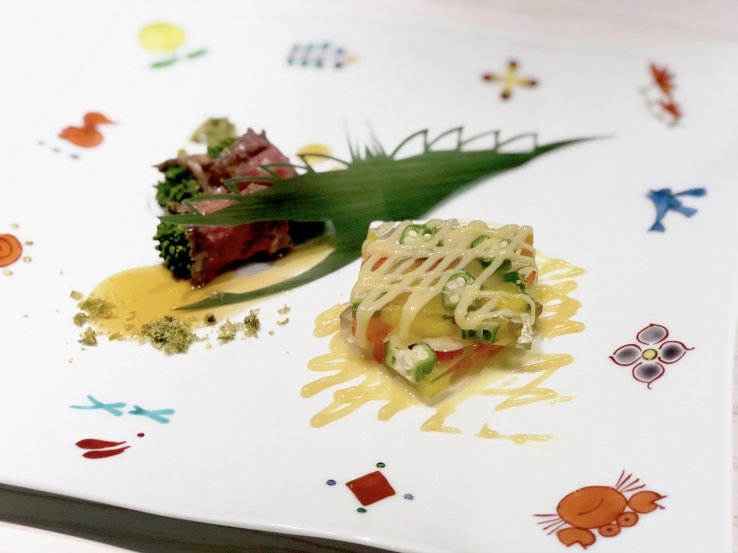 Meat Dish: Roasted Wagyu Beef, Vegetable Terrine with Mustard Sauce, Grilled Vegetables with Onion Chips and Orange Vinegar