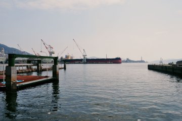 The fireworks are set off from a ship located in the bay.