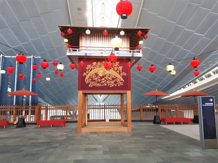 Empty pagoda gazebo by the replica bridge