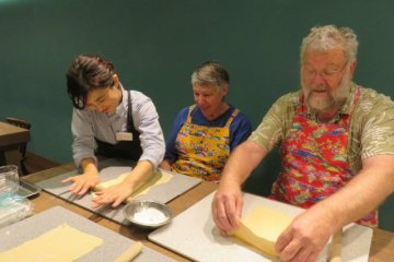 Kneading dough for some hand made Okinawa soba noodles