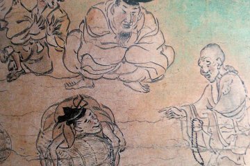 A scene from the Shigisan Engi Emaki showing the priest Myoren asking for a donation, from the scroll "The Rich Man of Yamazaki"