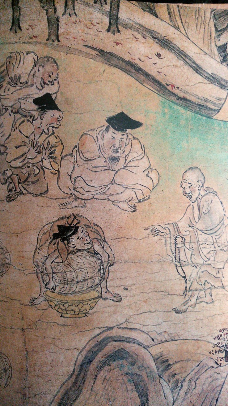 A scene from the Shigisan Engi Emaki showing the priest Myoren asking for a donation, from the scroll "The Rich Man of Yamazaki"