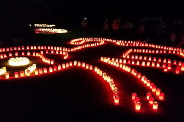 A monkey pattern made from candles donated by temple patrons