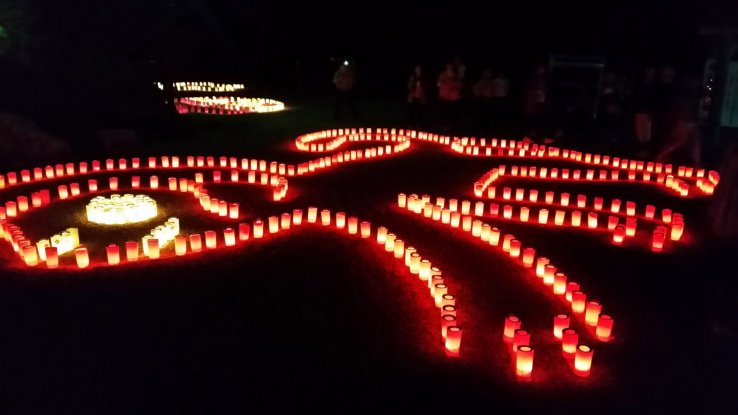 A monkey pattern made from candles donated by temple patrons