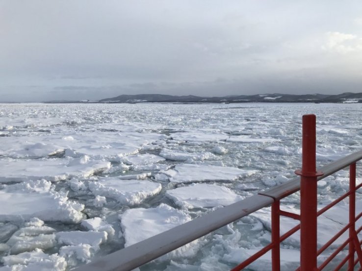 Far north in Monbetsu, the sea is blanketed with drift ice