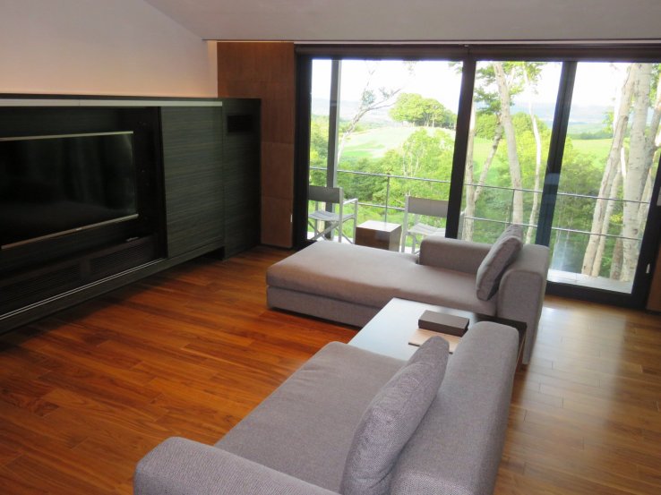 Villa lounge area with forest-facing balcony