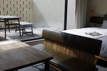 Leather couch in twin room at Hotel Anteroom in Kujo one stop south of Kyoto
