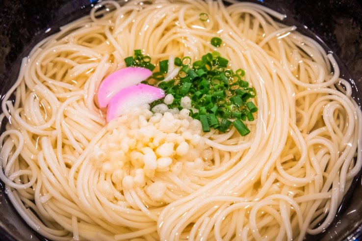 Goto udon has distinctively thin noodles and uses broth made with flying fish