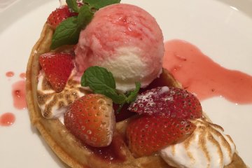 Italian milk gelato and strawberry fondue half waffle comes with a drink.