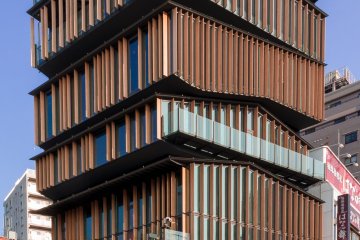 The Asakusa Tourism and Culture Center has a unique style, with stacked wooden accents