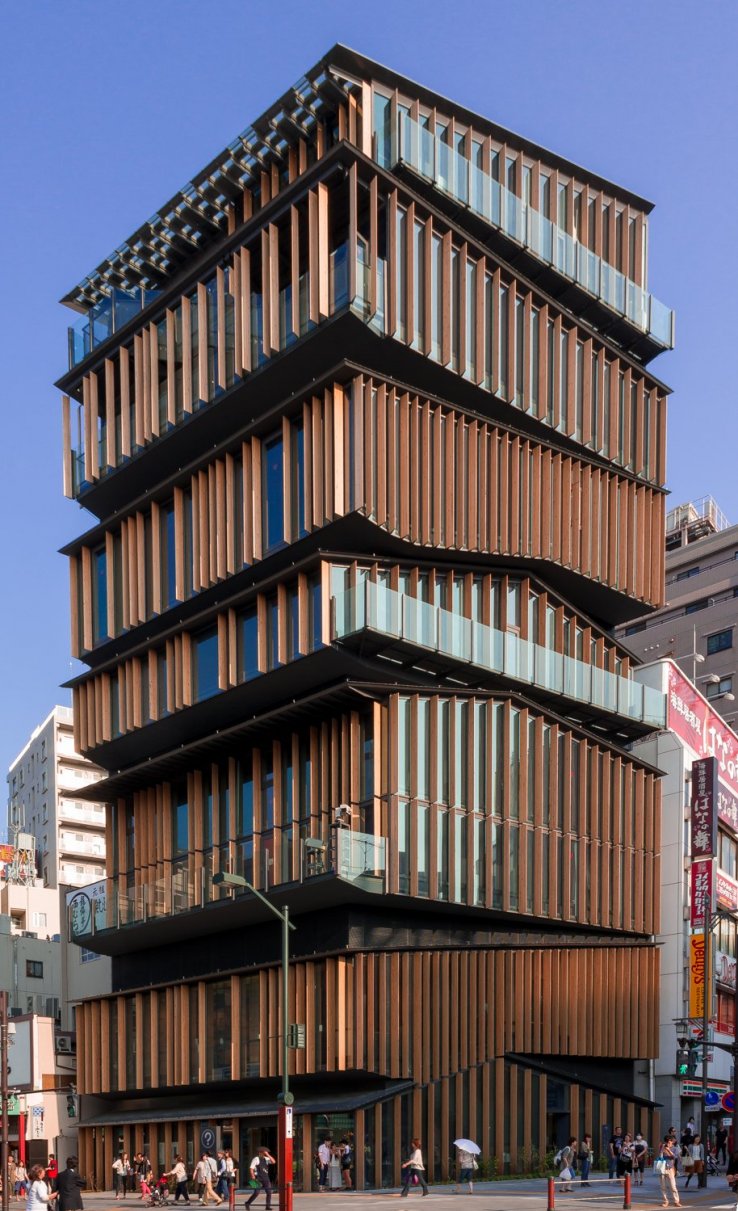 The Asakusa Tourism and Culture Center has a unique style, with stacked wooden accents