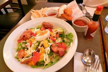 Taco rice, fish and chips and tobasco.