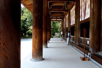 The eight beautiful wooden columns supporting Kondo Hall